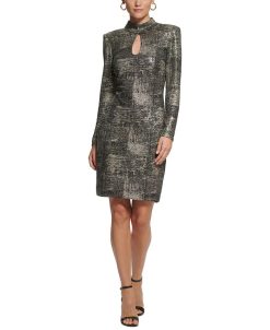 Vince Camuto Women's Mock-Neck Long-Sleeve Metallic Dress