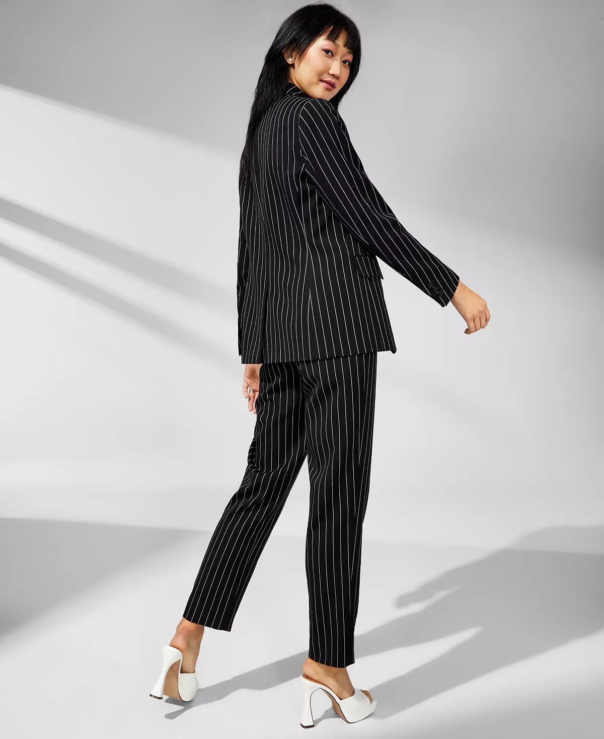 Women's Pinstripe Notched-Collar Blazer, Tie-Neck Blouse & Pinstripe Pants Anne Klein Women's Pinstripe Notched-Collar Blazer, Tie-Neck Blouse & Pinstripe Pants -Adrianna Papell Sales Shop