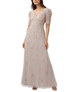 Adrianna Papell Women's Beaded Puff-Sleeve Surplice Gown