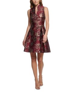 Vince Camuto Women's Jacquard Ruffled-Neck Fit & Flare Dress