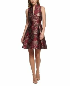 Vince Camuto Women's Jacquard Ruffled-Neck Fit & Flare Dress