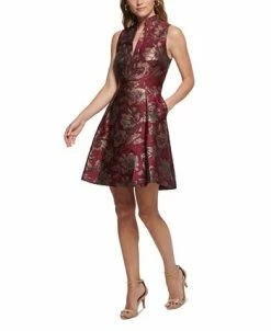 Vince Camuto Women's Jacquard Ruffled-Neck Fit & Flare Dress -Adrianna Papell Sales Shop 23387961 fpx
