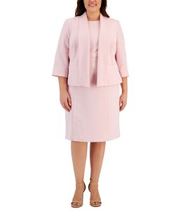 Kasper Plus Size Stretch Crepe Open-Front Jacket & Cap Sleeve Princess Seam Dress