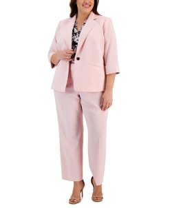 Kasper Plus Size Notched-Lapel Single-Button Blazer, Stretch Crepe Mid-Rise Ankle Pants, & 3/4 Sleeve Floral Print Top