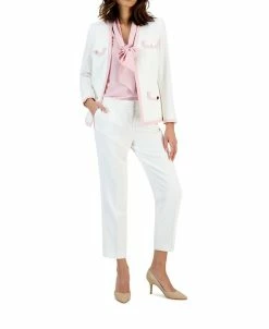 Kasper Women's Stretch Crepe Contrast Cardigan, Long-Sleeve Bow Blouse, & Stretch-Crepe Pants