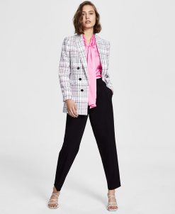 Bar III Plaid Faux Double-Breasted Boyfriend Blazer, Long-Sleeve Bow-Tie Blouse & Pull-On Pants, Created For Macy's