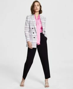 Bar III Plaid Faux Double-Breasted Boyfriend Blazer, Long-Sleeve Bow-Tie Blouse & Pull-On Pants, Created For Macy's