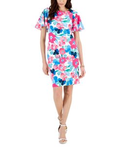 Kasper Printed Scuba Crepe Sheath Flutter Sleeve Dress