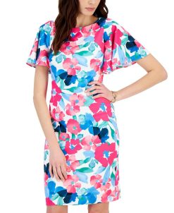 Kasper Printed Scuba Crepe Sheath Flutter Sleeve Dress -Adrianna Papell Sales Shop 23561110 fpx