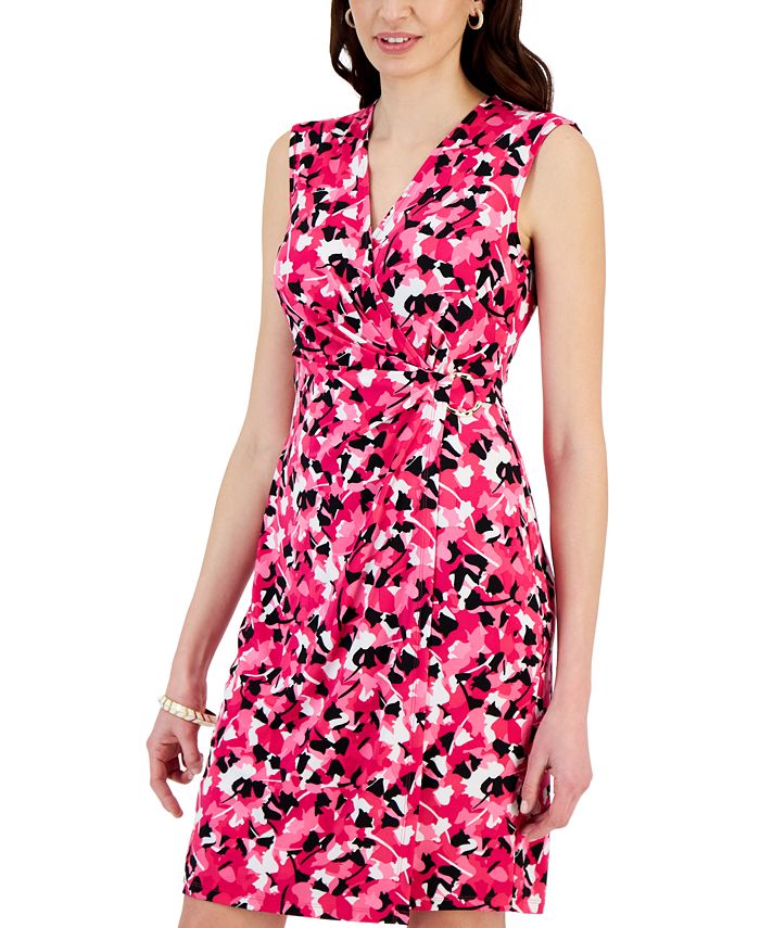 Women's Sleeveless Printed Faux-Wrap Sheath Dress Kasper Women's Sleeveless Printed Faux-Wrap Sheath Dress -Adrianna Papell Sales Shop