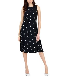 Kasper Fit & Flare Polka Dot Side Tie Dress