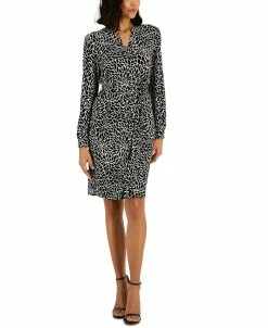 Anne Klein Woman's Printed Split-Neck Long-Sleeve Dress