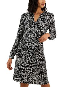 Anne Klein Woman's Printed Split-Neck Long-Sleeve Dress -Adrianna Papell Sales Shop 23587785 fpx
