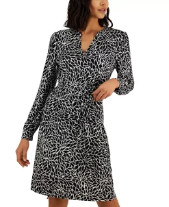 Anne Klein Woman's Printed Split-Neck Long-Sleeve Dress -Adrianna Papell Sales Shop 23587785 fpx