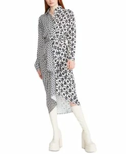 Steve Madden Women's Sula Mixed-Print Tie-Front Satin Midi Shirtdress