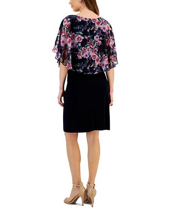 Women's Round-Neck Floral-Cape A-Line Dress Connected Women's Round-Neck Floral-Cape A-Line Dress -Adrianna Papell Sales Shop
