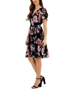 Connected Women's Printed Tie-Waist Short-Sleeve Sheath Dress -Adrianna Papell Sales Shop 23656138 fpx