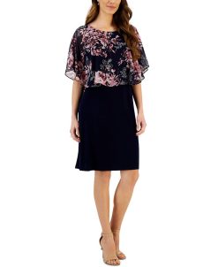 Connected Women's Floral-Cape-Overlay A-Line Dress
