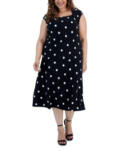 Kasper Plus Size Polka Dot Cowl-Neck Top & Polda Dot Midi Flare Skirt