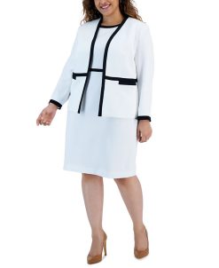 Kasper Plus Size Stretch Contrast Frame Cardigan & Stretch Contrast Frame Dress