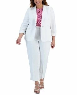 Kasper Plus Size Linen One-Button Jacket, Twist-Neck Top, & Linen Pants With Side Slits