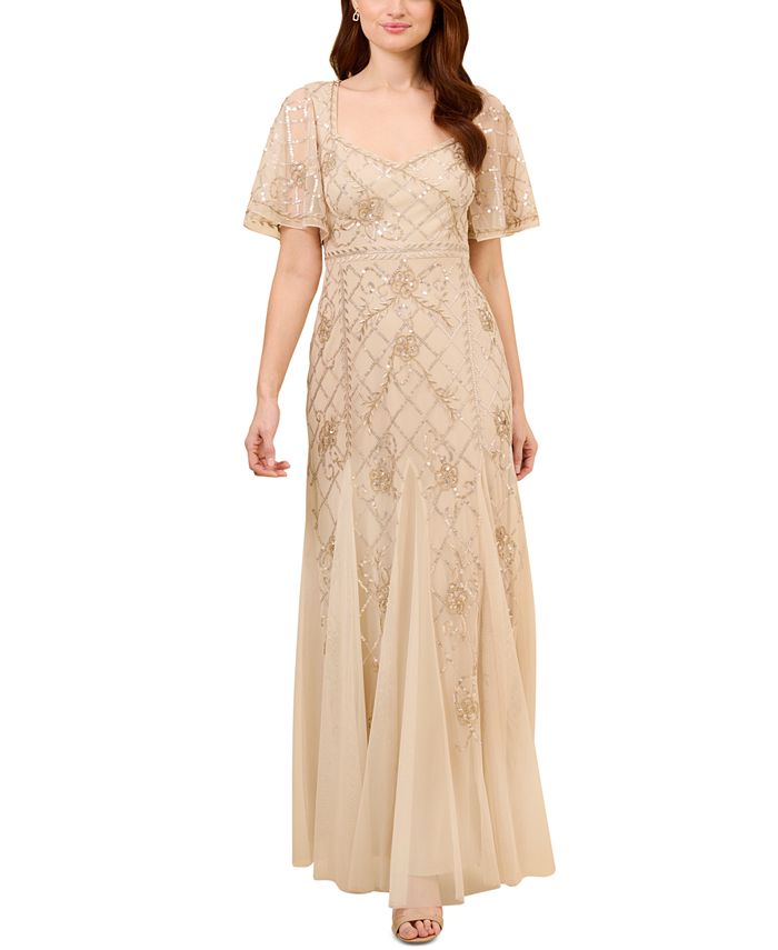 Women's Beaded Flutter-Sleeve Godet Gown Adrianna Papell Women's Beaded Flutter-Sleeve Godet Gown -Adrianna Papell Sales Shop