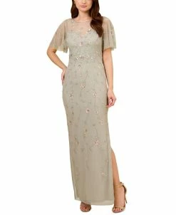 Adrianna Papell Women's Beaded Flutter-Sleeve Gown