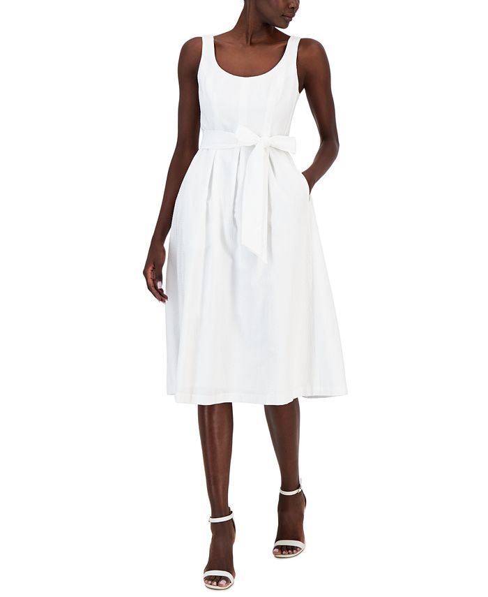 Women's Belted Seersucker Sleeveless Midi Dress Anne Klein Women's Belted Seersucker Sleeveless Midi Dress -Adrianna Papell Sales Shop