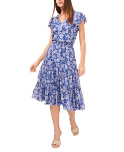 Vince Camuto Women's V-Neck Smock Waist Batik Dress