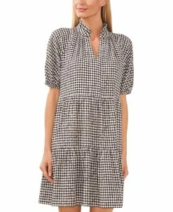 CeCe Women's Gingham Babydoll Elbow-Sleeve Tiered Dress