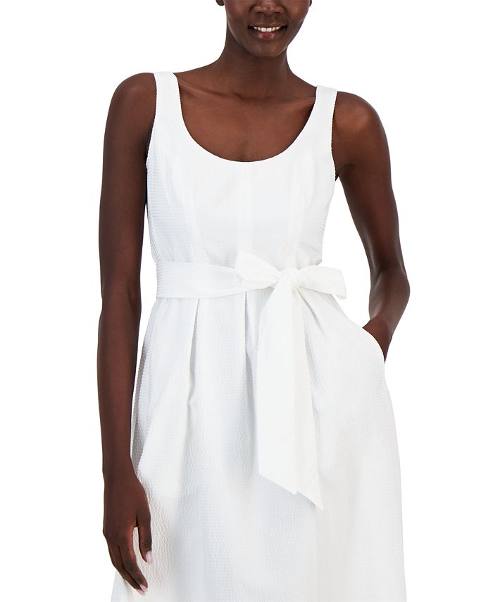 Women's Belted Seersucker Sleeveless Midi Dress Anne Klein Women's Belted Seersucker Sleeveless Midi Dress -Adrianna Papell Sales Shop