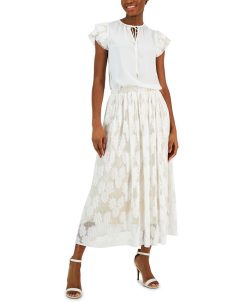 Anne Klein Women's Lace Cap-Sleeve Split-Neck Top & Pull-On Pleated Mesh Floral Skirt