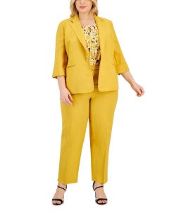 Kasper Plus Size Notch-Lapel Snap-Front 3/4-Sleeve Blazer, Printed Pleat-Neck Sleeveless Top & Mid-Rise Straight-Leg Slit-Hem Pants