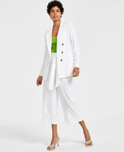 Bar III Women's Faux-Double-Breasted Long-Sleeve Blazer, Ribbed Sweater Camisole & High-Rise Wide-Leg Tie-Waist Crop Pants, Created For Macy's